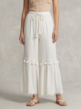 Cream Wide-Leg Tassel Detail Pants